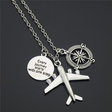 Engraved Compass & Airplane Charm Necklace