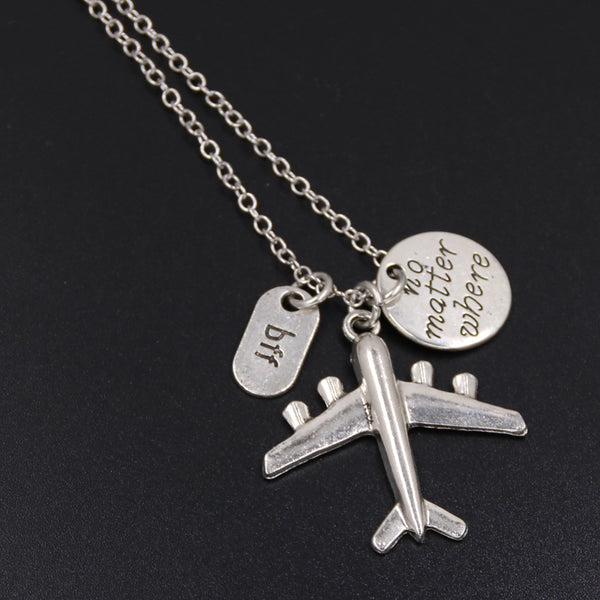 Engraved Compass & Airplane Charm Necklace