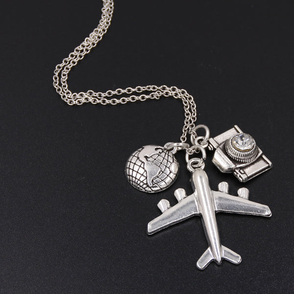 Engraved Compass & Airplane Charm Necklace
