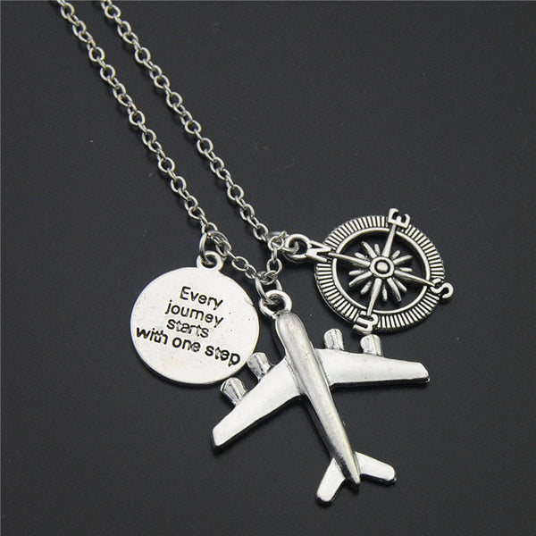 Engraved Compass & Airplane Charm Necklace
