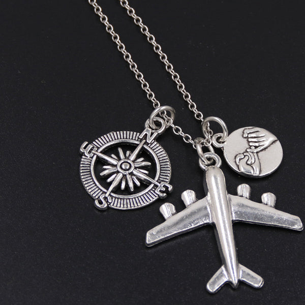 Engraved Compass & Airplane Charm Necklace